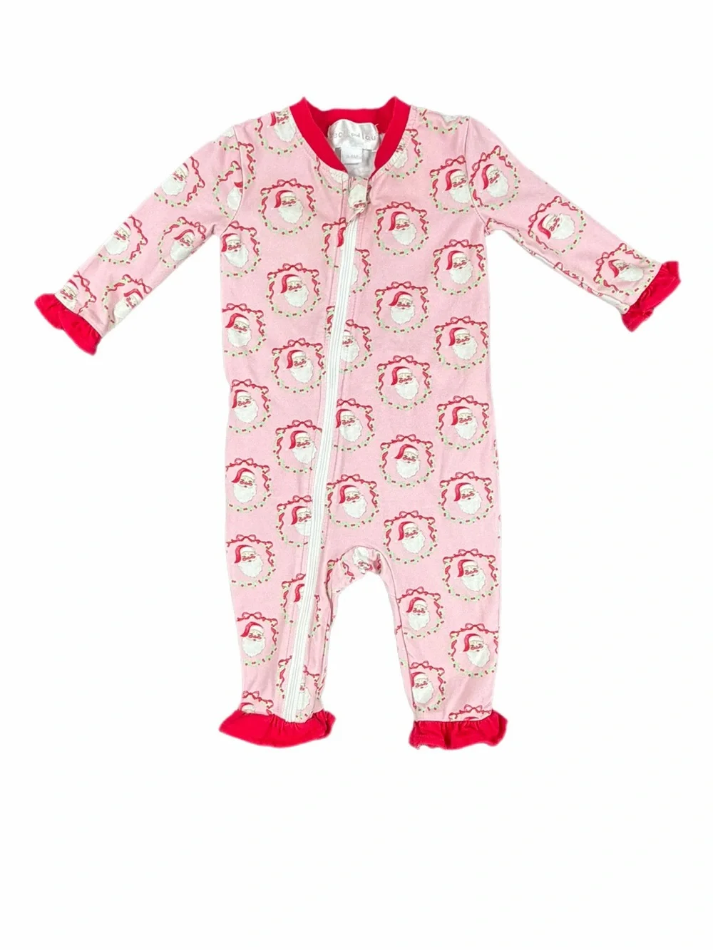 CECIL and LOU Pink and Red Knit Santa Zipper Ruffle Pajamas- 3-6M
